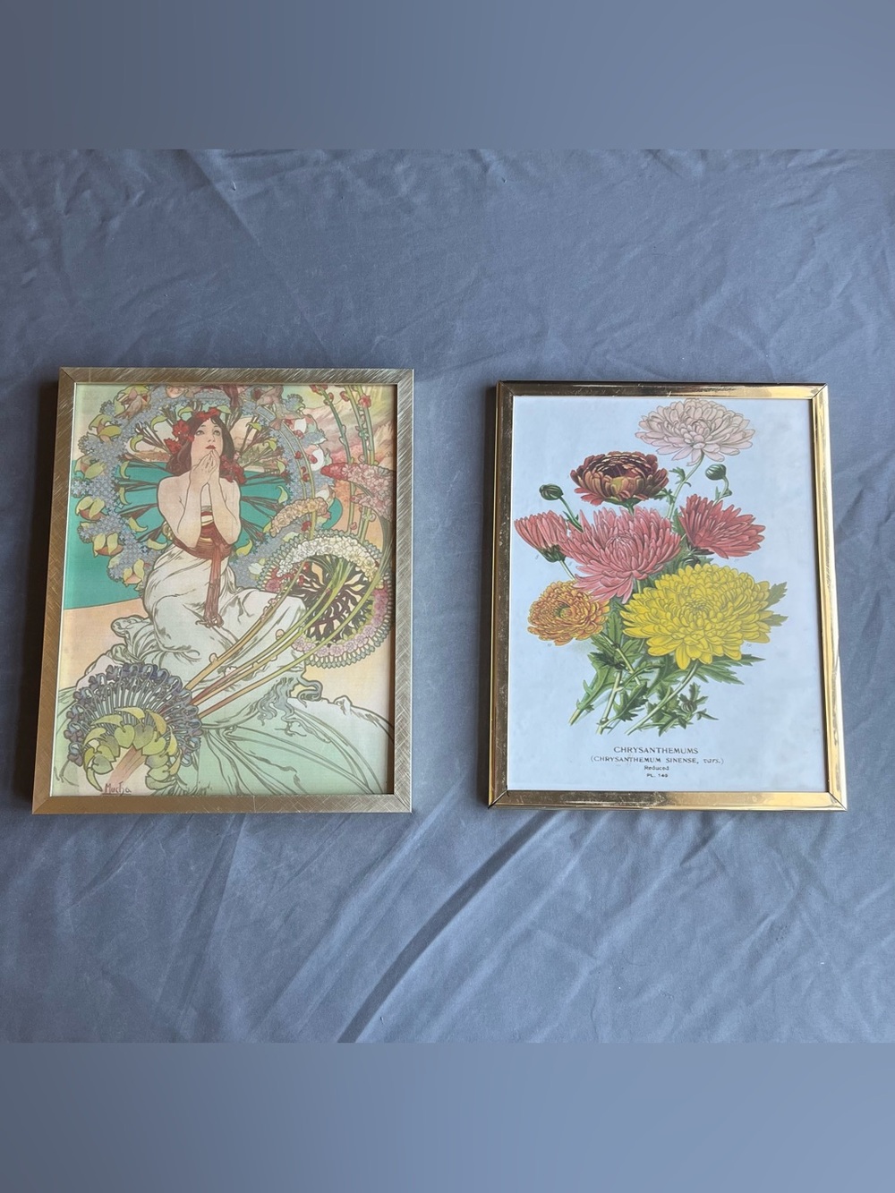 Gold Tone Plastic Wood Picture Photo Frames w/ Fine Art Prints-Set of 2